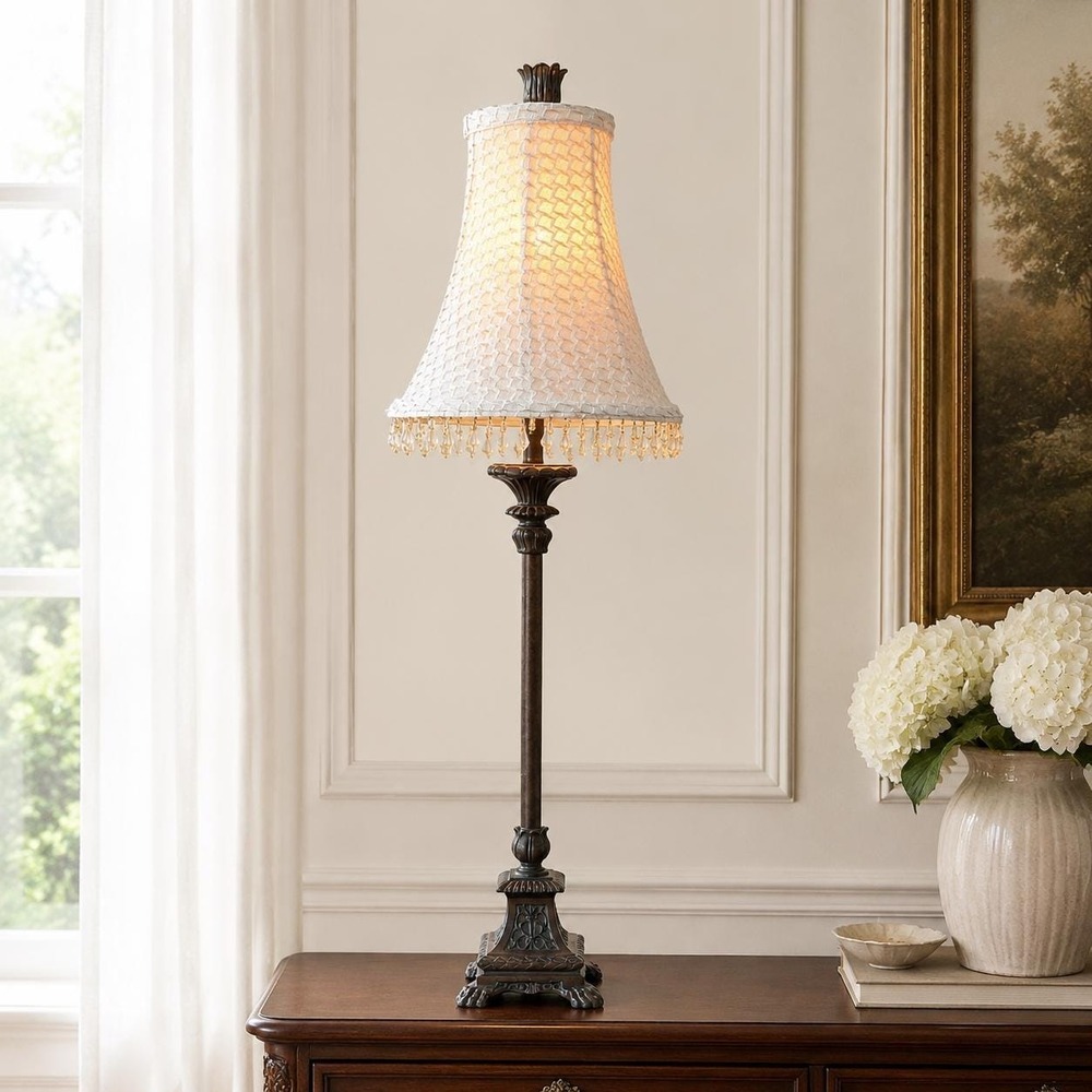 VTG Ornate Buffet Lamp Bronze Tone Beaded Shade Traditional Hollywood Regency B